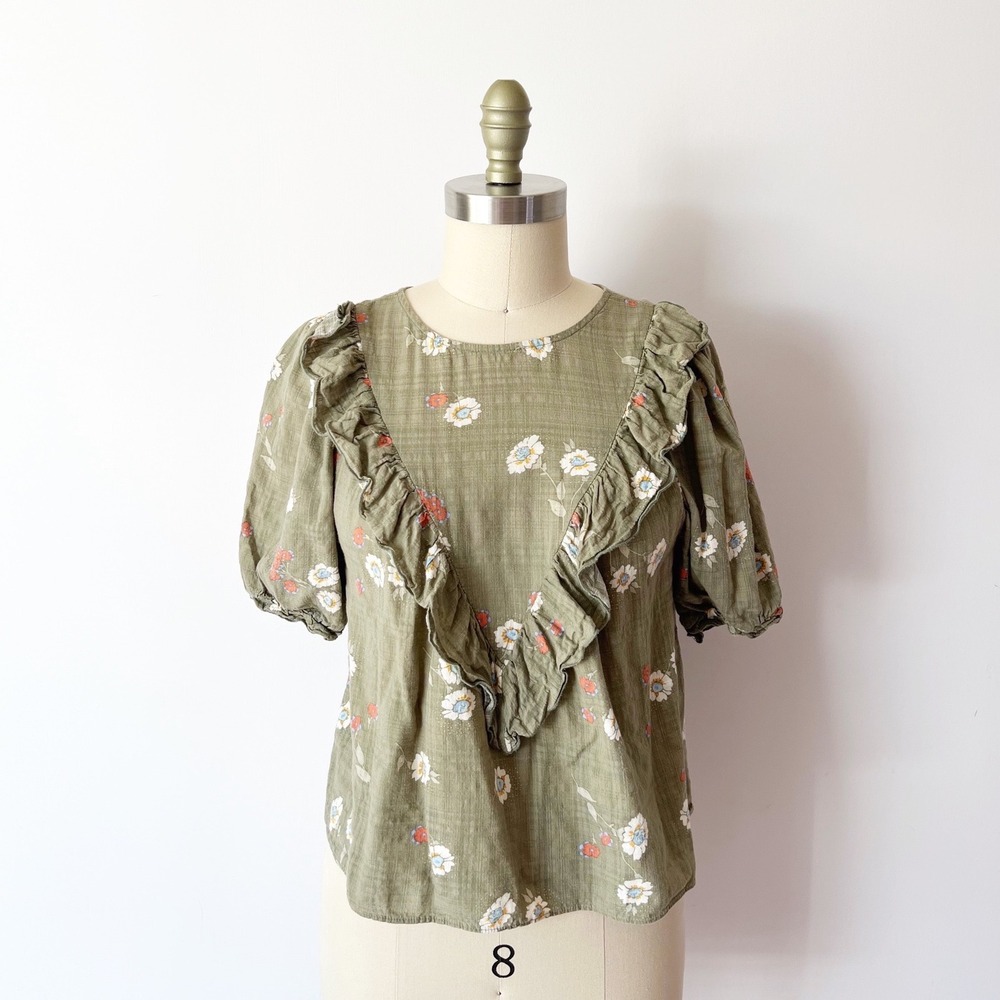 Puff Sleeve Cotton Blend Blouse Green Floral Ruffle Prairie Gauze Peasant PS - Picture 1 of 6